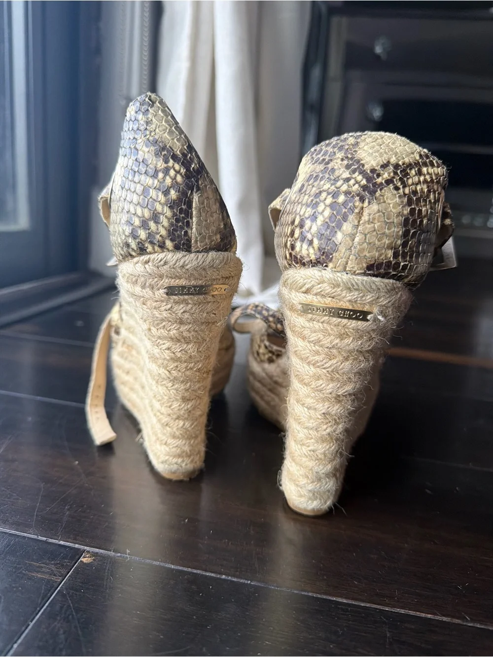 Jimmy Choo Gold Snakeskin Wedge Sandals with Ankle Strap